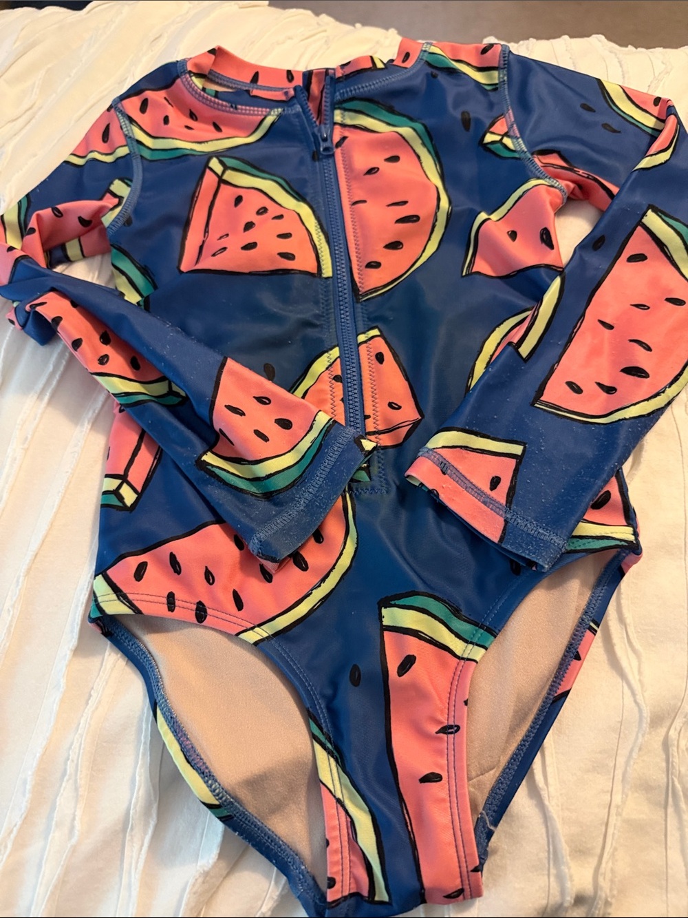 Tea Collection Blue Long-Sleeve One-Piece Swimsuit with Watermelon Print